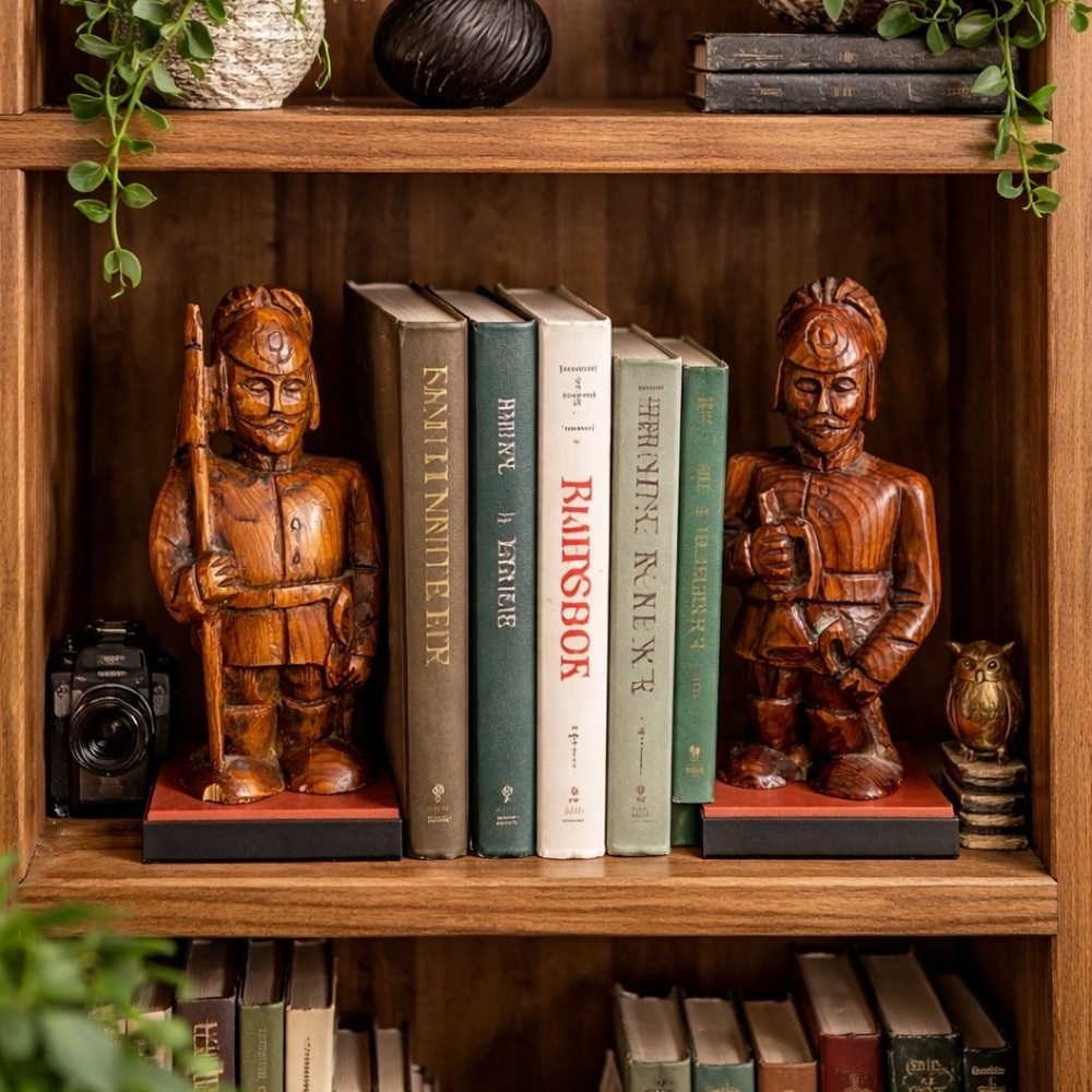 Vintage Pair Of Wood Carved Ethnic Soldiers Bookends/scultures